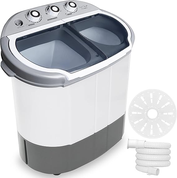 Pure Clean Compact Home Washer & Dryer, 2 in 1 Portable Mini Washing Machine, Twin Tubs, 11lbs. Capacity, 110V, Spin Cycle w/Hose, Translucent Tub Container Window, Ideal for Smaller Laundry Loads, Gray