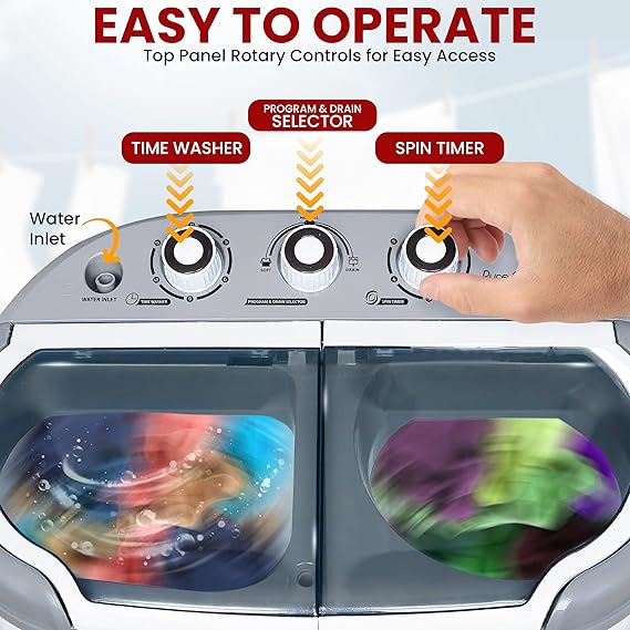 Pure Clean Compact Home Washer & Dryer, 2 in 1 Portable Mini Washing Machine, Twin Tubs, 11lbs. Capacity, 110V, Spin Cycle w/Hose, Translucent Tub Container Window, Ideal for Smaller Laundry Loads, Gray